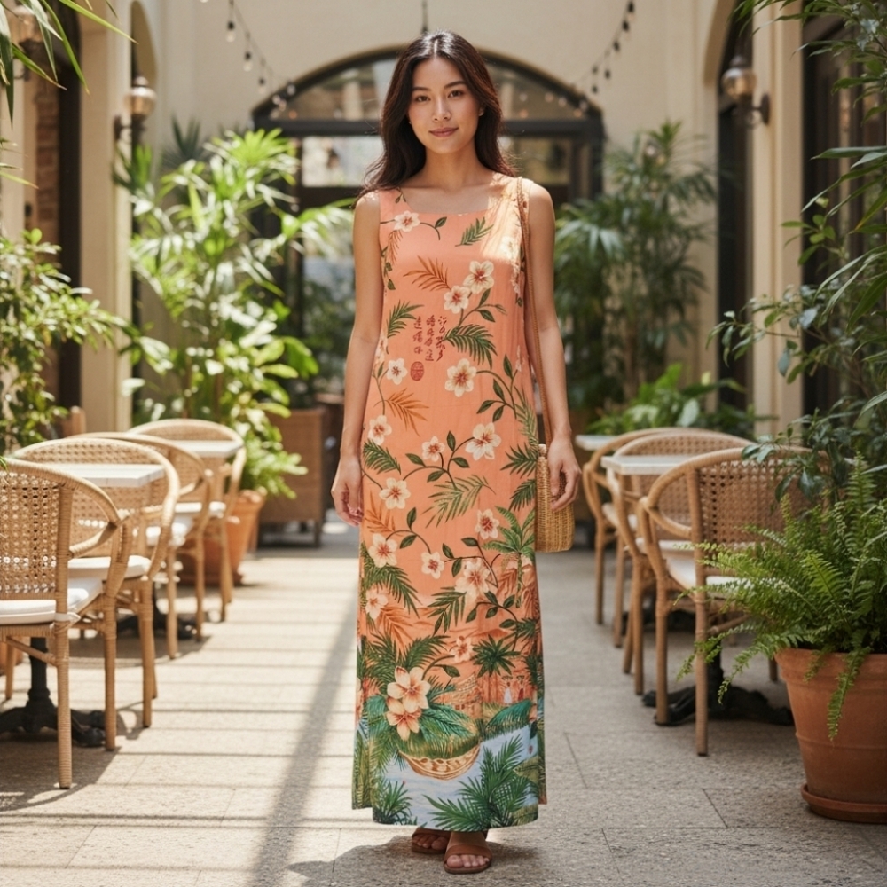 Baja Blue Orange Tropical Floral Maxi Dress Boho Beach Vacation Sz M - Picture 10 of 10